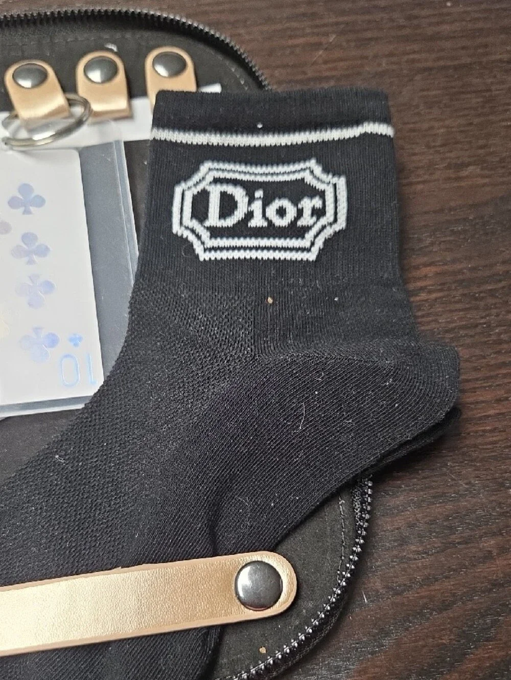 Dior Black Socks and Silver Key Card Holder Set